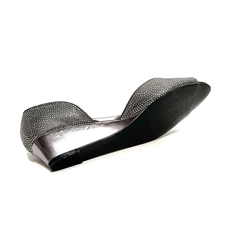 Vintage Y2K gray satin rhinestone d’Orsay wedge heels